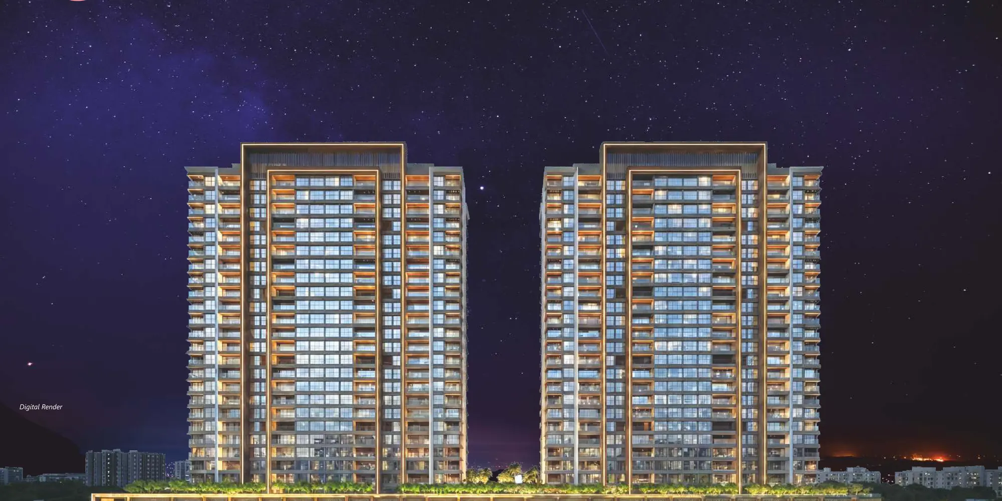 54 Flores Drive twin towers lit up at night