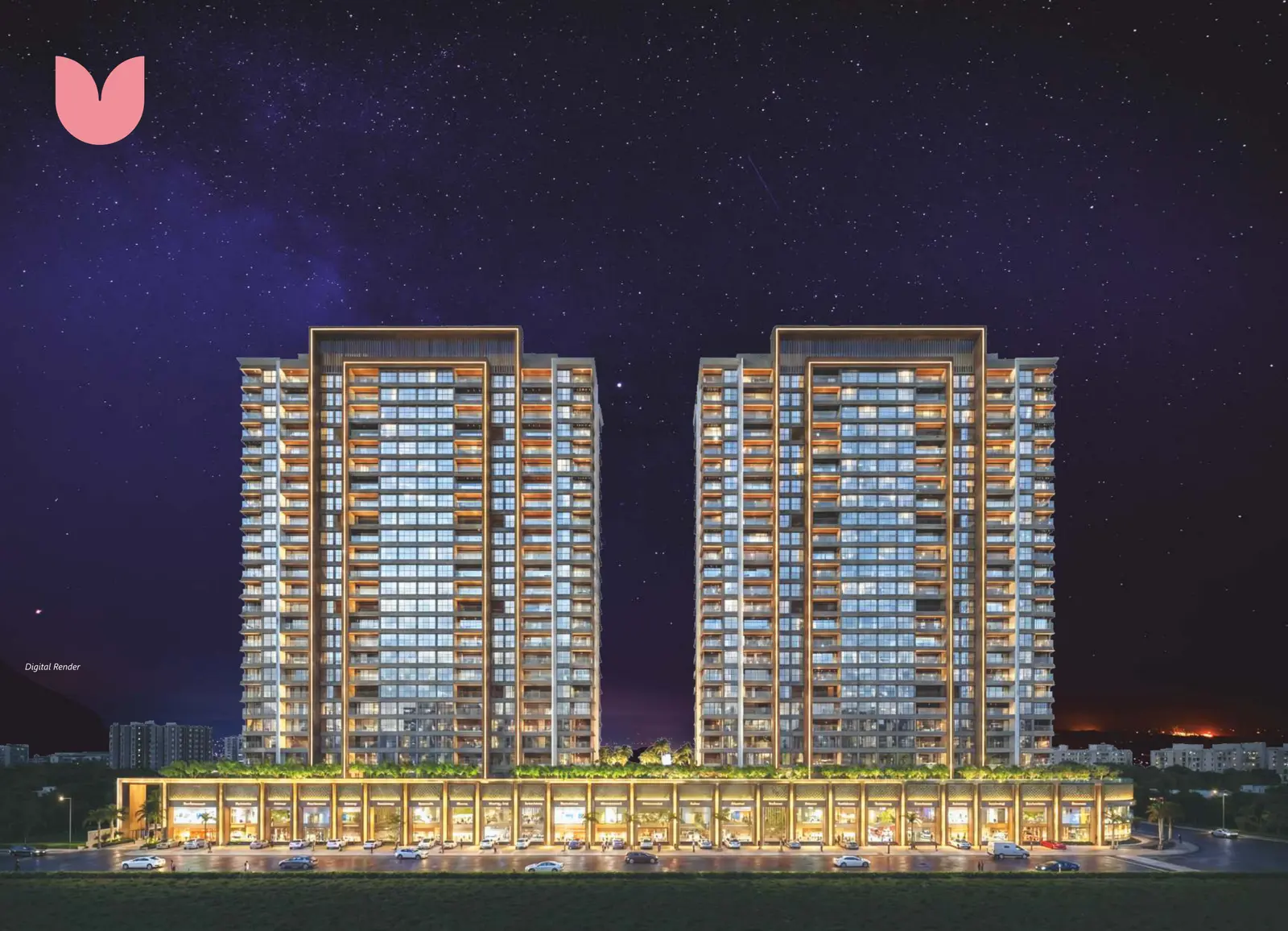 54 Flores Drive towers at night