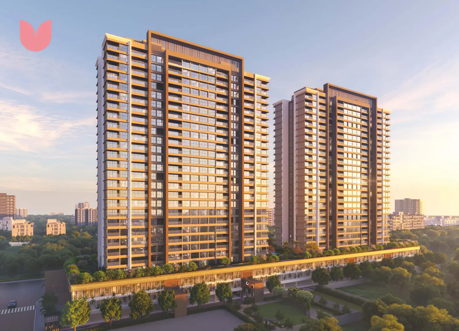 54 Flores Drive towers at sunset, Hadapsar