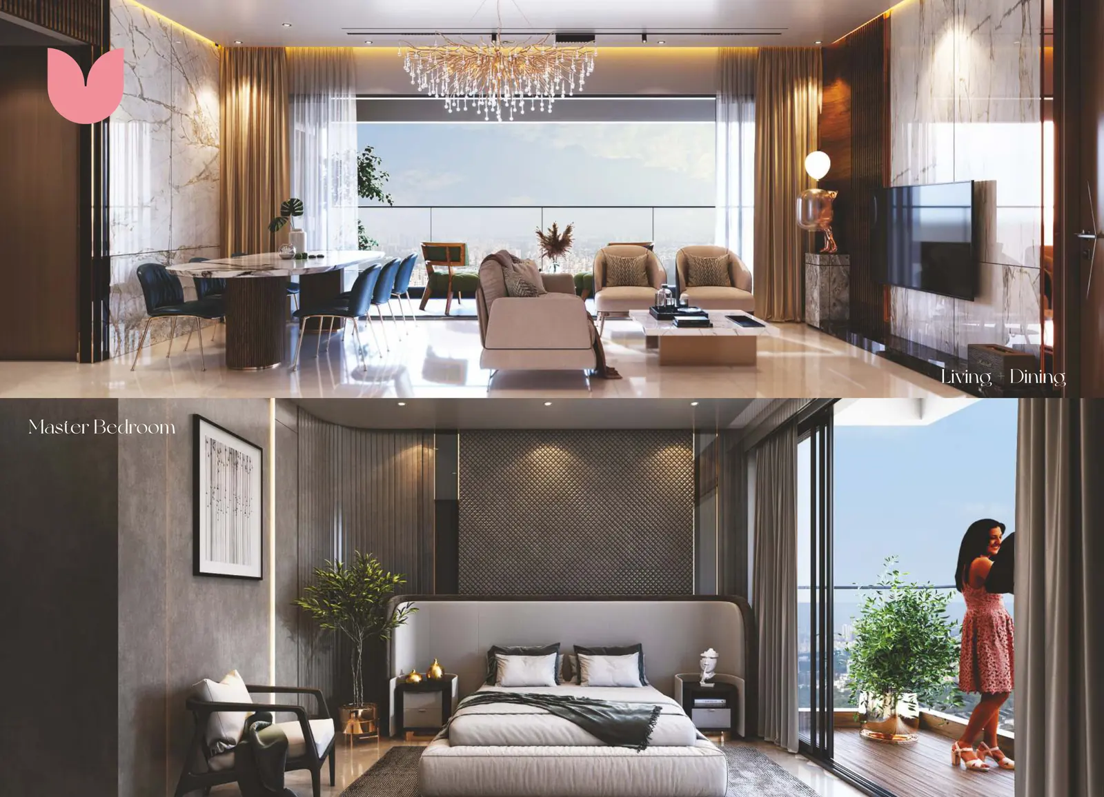3 BHK living, dining and master bedroom